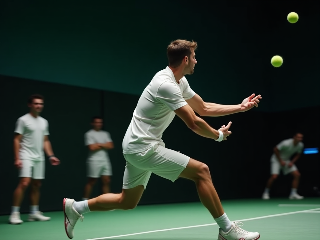 Tennis coach demonstrating proper technique